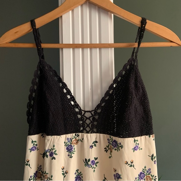 Zara Floral Satin Printed Crochet Cream Maxi Tank Dress Prairiecore - Picture 10 of 11